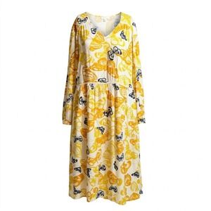 Sweet Magnolia Butterfly Print‎ Midi Dress XL Yellow White Boho Butterflies